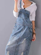 April™ | Back Slit Distressed Denim Overalls Dress - ENVI