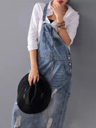 April™ | Back Slit Distressed Denim Overalls Dress - ENVI