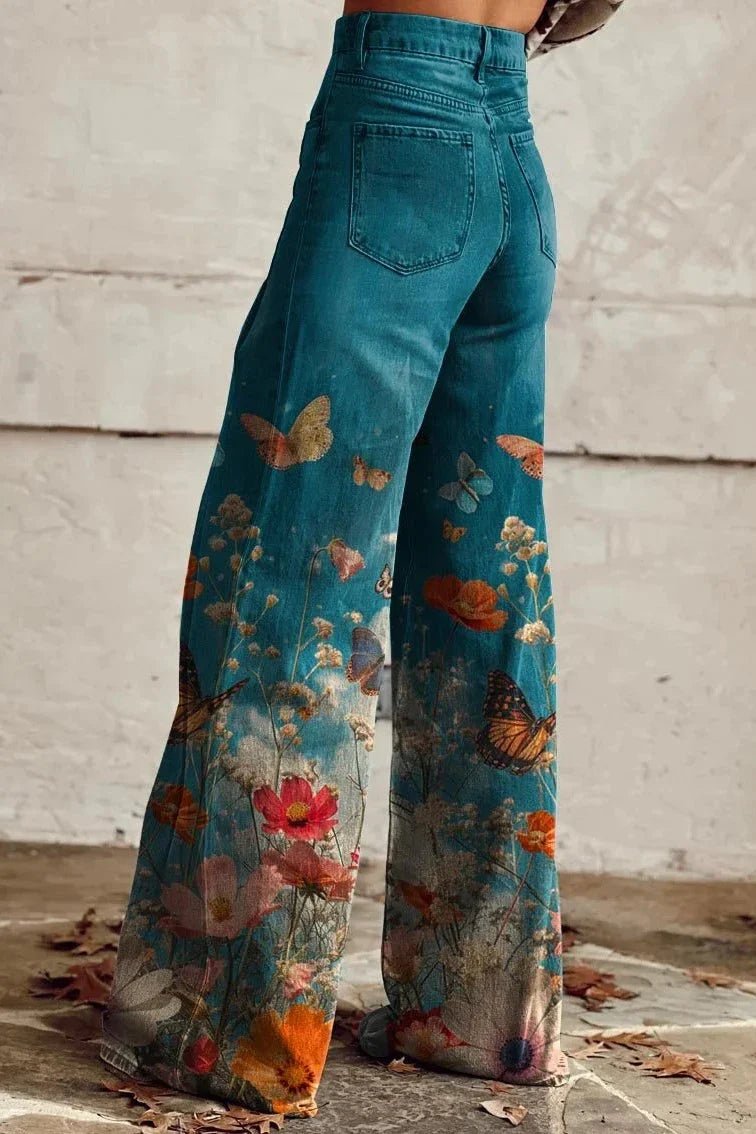 Women's Butterfly Meadow Print Casual Wide Leg Pants - ENVI