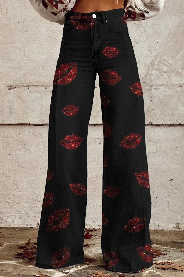 Women's Lip Kiss Print Casual Wide Leg Pants - ENVI