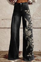 Women's Midnight Rose Print Casual Wide Leg Pants - Black - ENVI