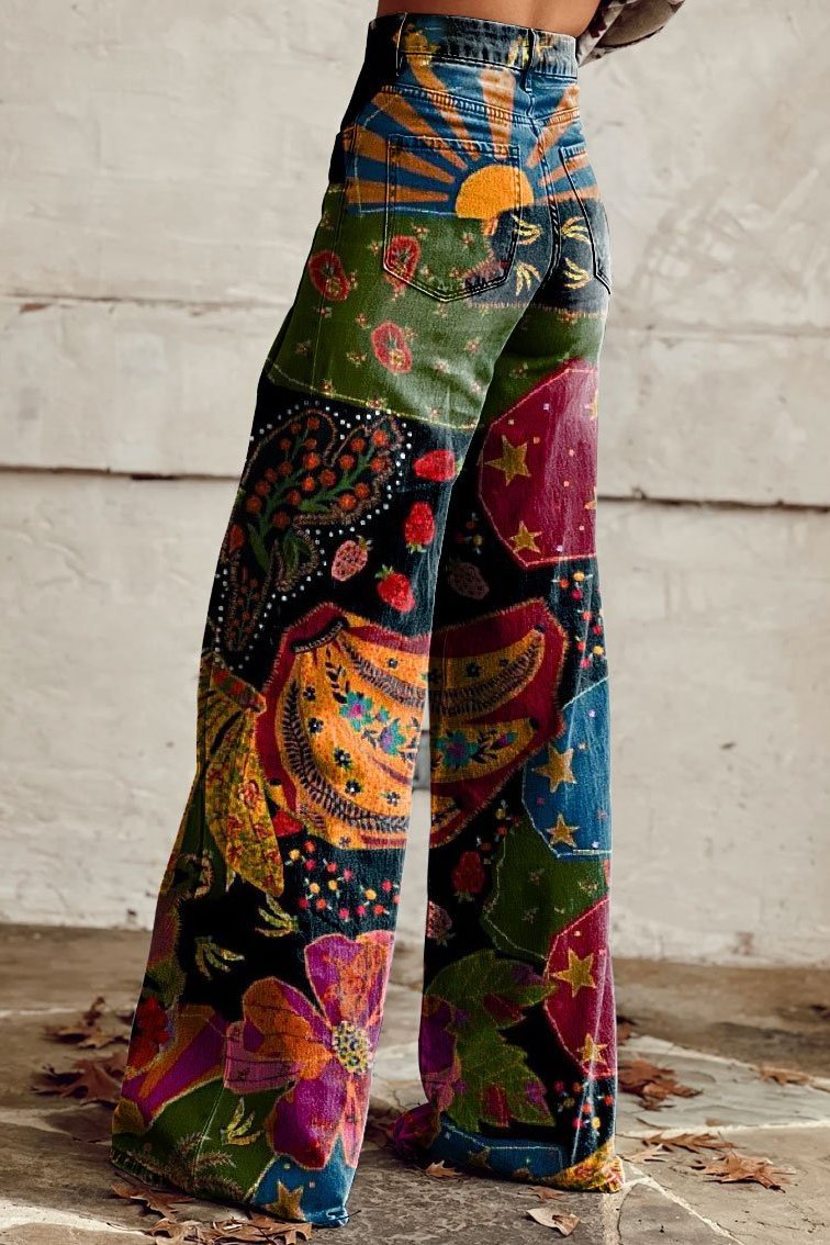 Women's Midnight Tapestry Print Casual Wide Leg Pants - ENVI